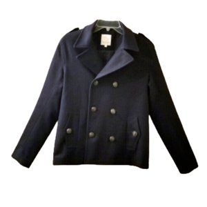 MERKABA by DI NUOVO Navy Blue Pea Coat Sz 34 Large Wool Double Breasted Jacket